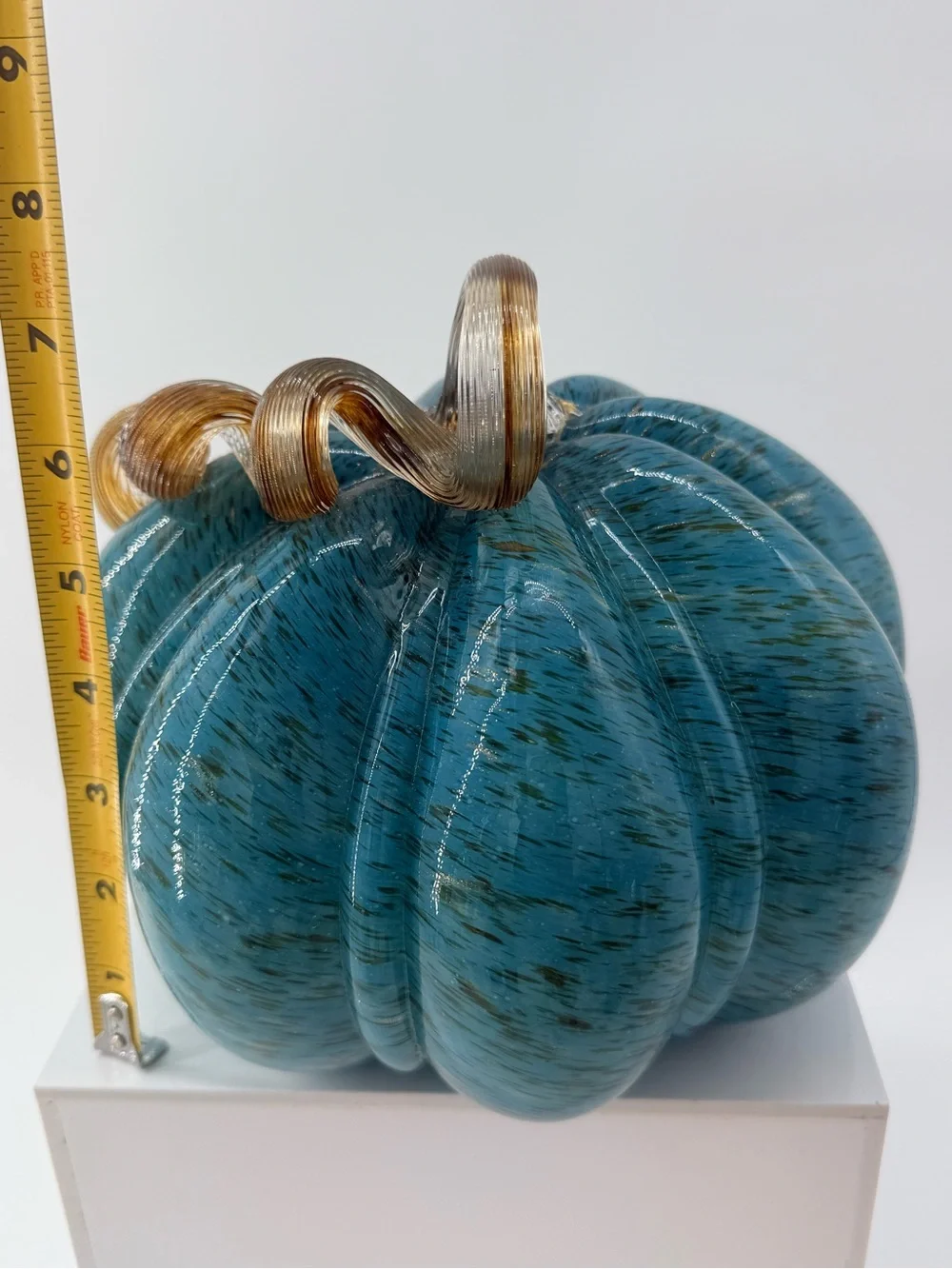 Teal Glass Pumpkin Accent with Gold-Tone Curled Stem
